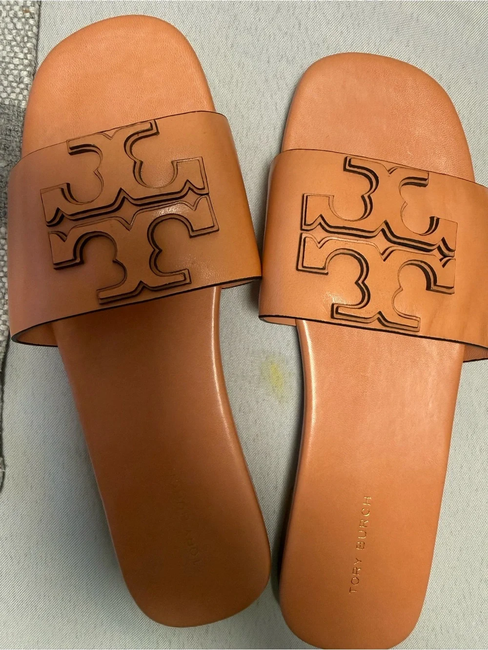 Tory Burch Cognac Leather Logo Slide Sandals